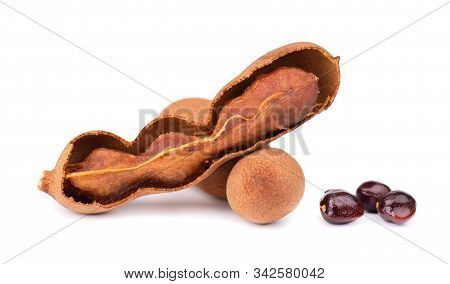 Sweet Tamarind Isolated On White Background. Fresh Tamarind Fruit And Seeds.