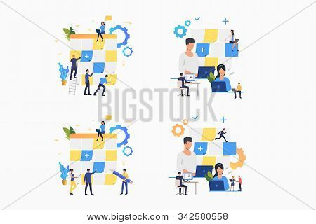 Planning Board Set. Office Employees Sticking Notes On Kanban Board. Flat Vector Illustrations. Busi