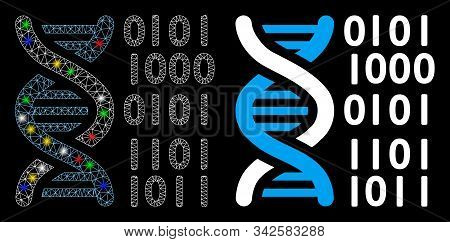 Bright Mesh Dna Binary Code Icon With Glare Effect. Abstract Illuminated Model Of Dna Binary Code. S
