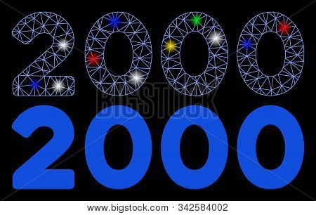 Flare Mesh 2000 Digits Text Icon With Glare Effect. Abstract Illuminated Model Of 2000 Digits Text. 