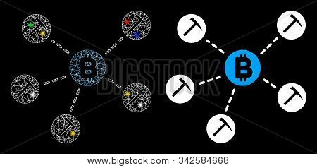 Glossy Mesh Bitcoin Mining Pool Icon With Glitter Effect. Abstract Illuminated Model Of Bitcoin Mini