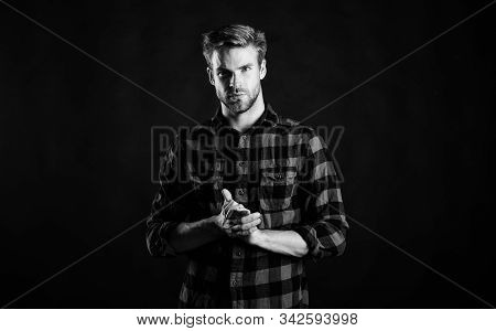 Hipster Black Background. Standards Of Manliness Or Masculinity. Handsome Well Groomed Man In Checke