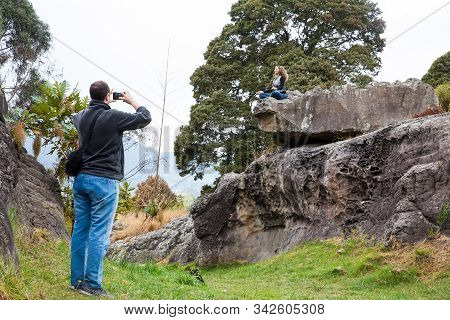 Facatativa, Colombia - January, 2029: Tourists Visiting The Piedras Del Tunjo Archaeological Park In