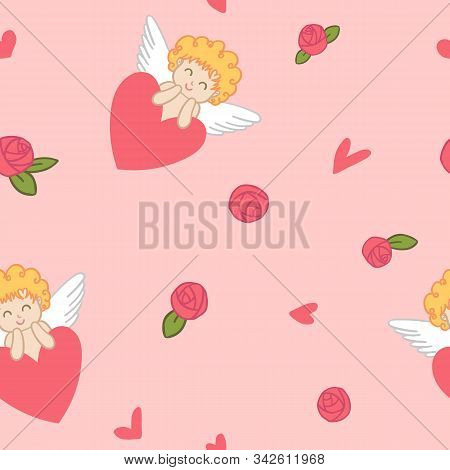 Vector Cupid On Heart With Small Roses And Hearts Love Seamless Valentines Day Pattern
