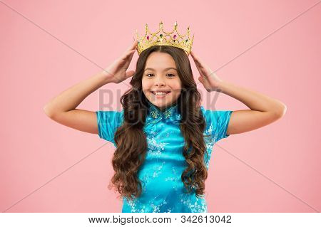 Pageant Queen. Happy Kid Chinese Dress Wear Crown. Portrait Of Pride. Japanese Kimono. Child Nationa