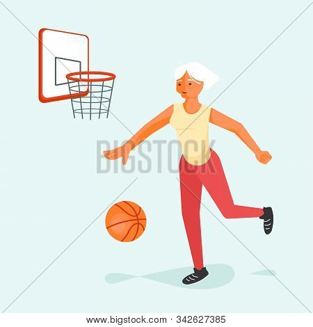 Healthy Active Lifestyle Retiree For Old People. Elderly Woman Character Basketball Player. Seniora 