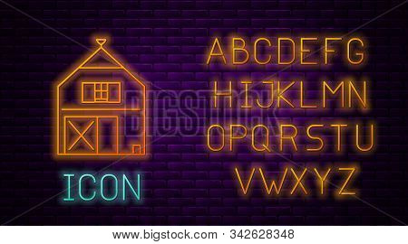 Glowing Neon Line Farm House Concept Icon Isolated On Brick Wall Background. Rustic Farm Landscape. 