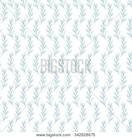 Seamless Watercolor Pattern Of Blue Twigs With Leaves On A White Background