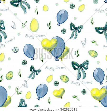 Seamless Watercolor Pattern Of Balls, Bows, Easter Eggs, Candy On A White Background