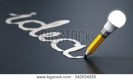 Pencil With Atached Lightbulb On Black Background. 3d Illustration.