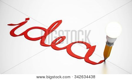 Pencil With Atached Lightbulb On Black Background. 3d Illustration.