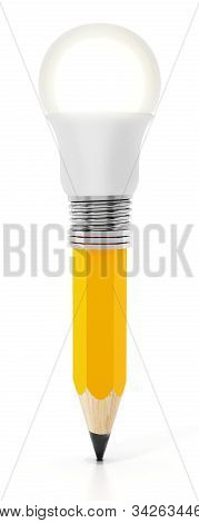 Pencil With Atached Lightbulb On Black Background. 3d Illustration.