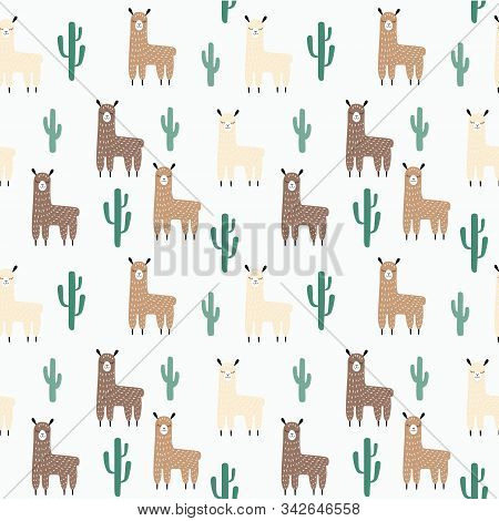 Seamless Pattern Of Llamas And Cactus In Natural Colors. Simple Flat Cute Little Animals And Succule