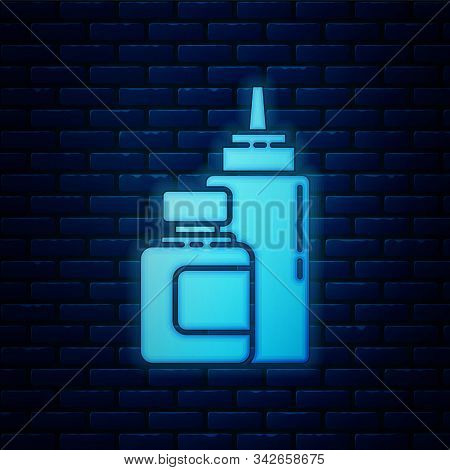 Glowing Neon Sauce Bottle Icon Isolated On Brick Wall Background. Ketchup, Mustard And Mayonnaise Bo