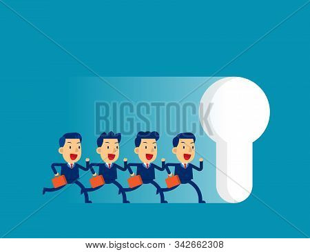 Business Team Running To Large Keyhole. Concept Cute Business Vector Illustration,  Achievment, Moti