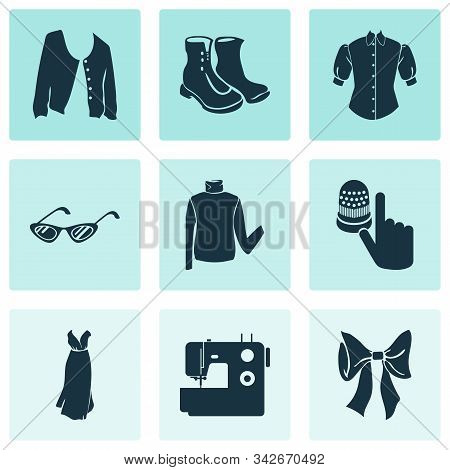 Fashion Design Icons Set With Bow Knot, Short Cardigan, Sewing Machine And Other Jacket Elements. Is