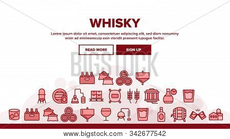 Whisky Alcoholic Drink Landing Web Page Header Banner Template Vector. Bottle And Wooden Barrel Whis