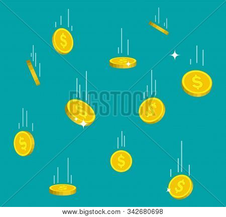 Falling Gold Coins In Flat Style. Money Rain From Sky. Flying Golden Bitcoin On Isolated Background.