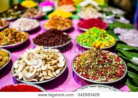 Different Types Of Colorful Garnish Pan Masala Used To Decorate Betel Leaf Banarasi Paan