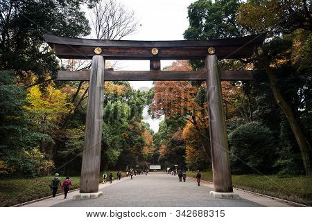 Tokyo, Japan - Nov 30, 2017 - Large Torii Gate At The Entrance To The Meiji Shrine (meiji Jingu), Sh