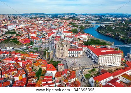 Porto, Portugal - 30 April: Aerial View On City Cathedral Church Se Do Potro And Historical Episcopa