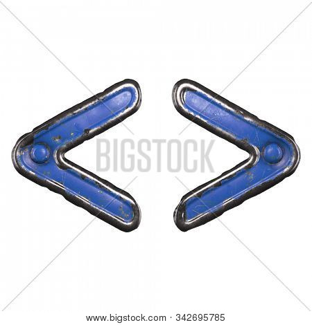 Symbol left and right angle bracket made of painted metal with blue rivets on white background. 3d rendering