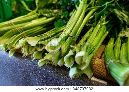 Fresh Organic Green Stem сelery For Sale On Sunday Farmers Market On Tenerife, Canary Islands, Spain