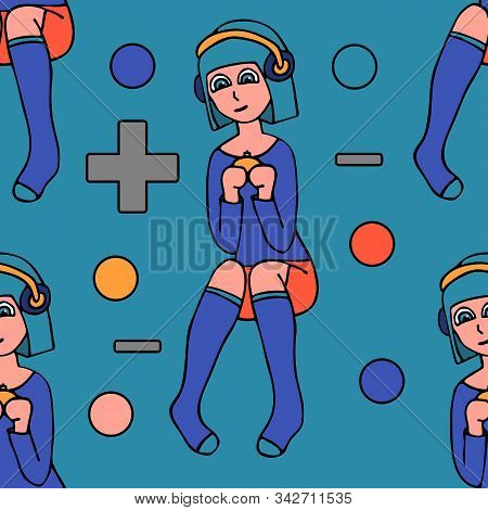 Cute White Girl Gamer In Headphones Between Buttons From The Gamepad. Stock Vector Seamless Pattern
