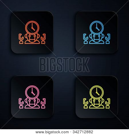 Color Neon Line Robot And Digital Time Manager Icon Isolated On Black Background. Time Management As