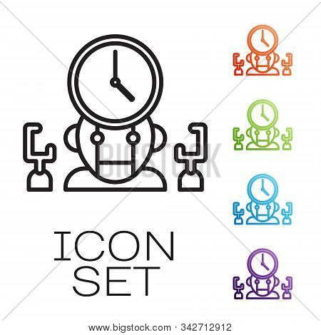 Black Line Robot And Digital Time Manager Icon Isolated On White Background. Time Management Assista