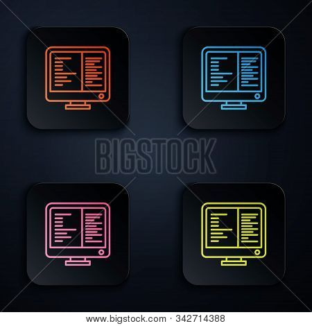 Color Neon Line Computer Monitor Screen Icon Isolated On Black Background. Electronic Device. Front 