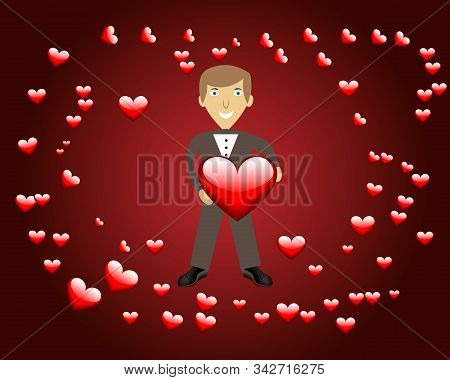 A Man Carrying A Big Heart And Around It Is A Lot Of Other Hearts Of Different Sizes. Concept With L