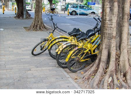 Shenzhen, China - November 14, 2018: Yellow Bicycles Of A Bicycle Sharing Company Carelessly Laid On