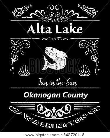 Alta Lake Washington Graphic With A Fish Vintage Typography Design. White Letters On Black Backgroun