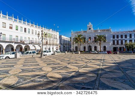 Llerena, Spain - Nov 07, 2019: Main Square, Plaza De Espana In Llerena, Extremadura In Spain