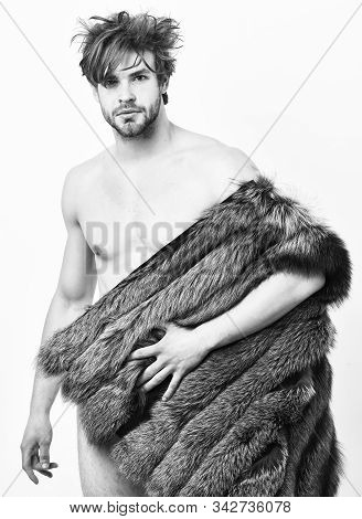 Sexy Sleepy Rich Macho Tousled Hair Fur Vest On White Background. Fashion And Pathos. Guy Attractive