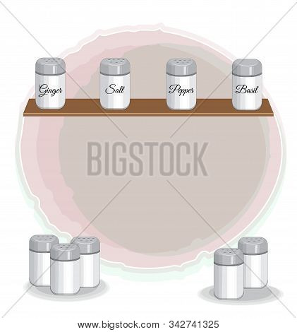 Shelf With Spices Banks: Salt, Pepper, Basil, Ginger. Picture In Hand Drawing Cartoon Style, Menu, K