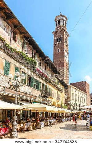 Verona, Italy - Circa September 2018. View Of Lamberti Tower (torre Dei Lamberti) In Sunny Day.