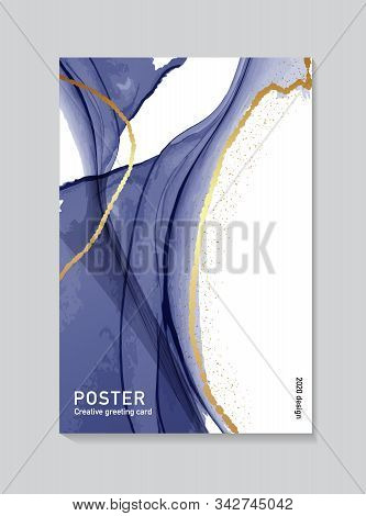 Vector Contrast Navy Marble Ink With Glden Sparkles Poster, Alcohol Ink Navy Greeting Card, Website 