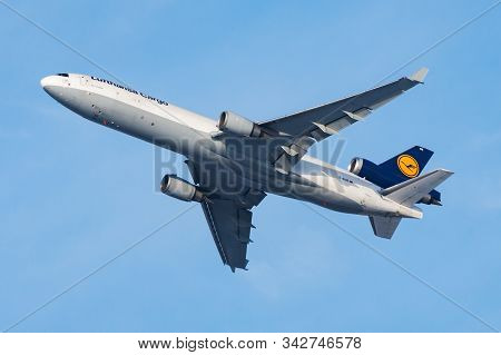 Frankfurt / Germany - December 8, 2012: Lufthansa Cargo Md-11 D-alce Cargo Plane Departure At Frankf