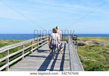 Ribadeo, Spain. May 13, 2019. A Couple Is Walking The Dogs On A Beach Boardwalk Close To As Catedrai