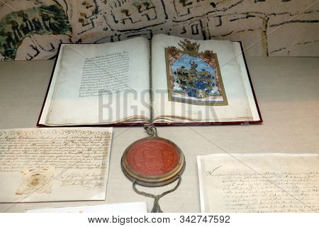 ZAGREB, CROATIA - FEBRUARY 15: Statute of free royal city of Zagreb from July 28, 1609, exhibited at the Museum of the City of Zagreb, on February 15, 2015.