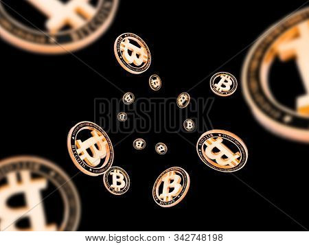 Bitcoin Mining Isolated On Black Background. Gold Falling Cryptocash. Litecoin, Ethereum Cryptocurre