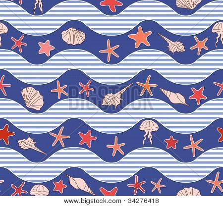 Seamless Pattern con le onde, stelle, meduse e conchiglie