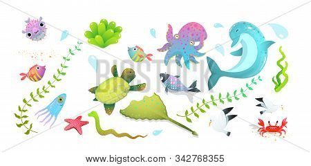 Underwater Sea Life, Ocean Creatures Clipart Collection Isolated On White