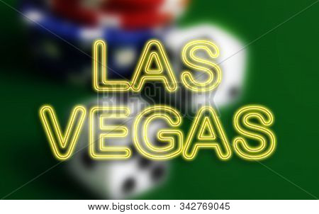 Neon Style Las Vagas Sign With Dice And Poker Chips Casino Background