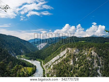 Summer Panoramic View Of Ruinaulta Canyon Created By The Anterior Rhine In The Grisons, Eastern Swit