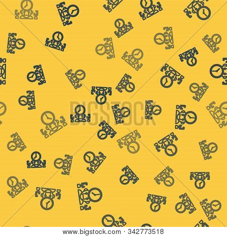 Blue Line Robot And Digital Time Manager Icon Isolated Seamless Pattern On Yellow Background. Time M