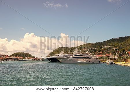 Gustavia. St. Barts-january 25, 2016: Vacation Sea Beach. Tropical Island. Shore Marine Ships Docks 