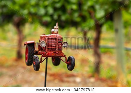 Handmade Red Tractor Metal Old Toy Selective Focus With Against Vineyard Vine Grapes Field Blurred B